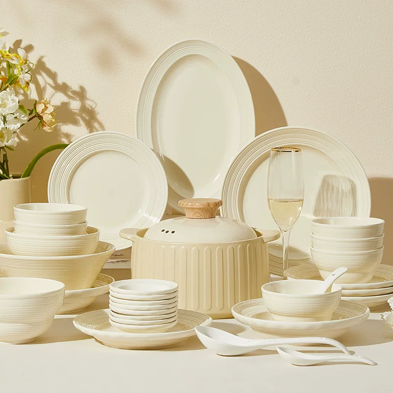 Baichuang Cream Ceramic Tableware Set Milk Yellow Thread Light Luxury Simple Elegant Design