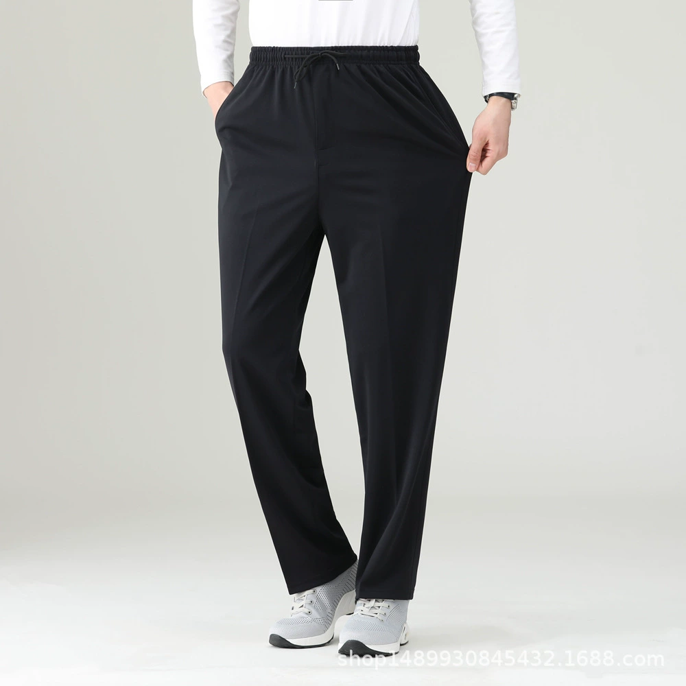 Мужские летние тонкие эластичные повседневные брюки среднего и пожилого возраста, свободные прямые брючные брюки с высокой талией и глубоким шаговым швом