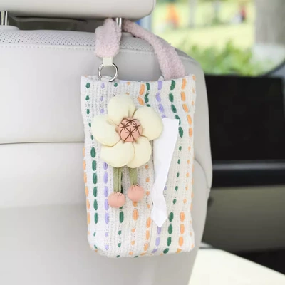Hanging Bag Goddess, Car tissue box/set - beige-striped-tissue-ivory-white-flower
