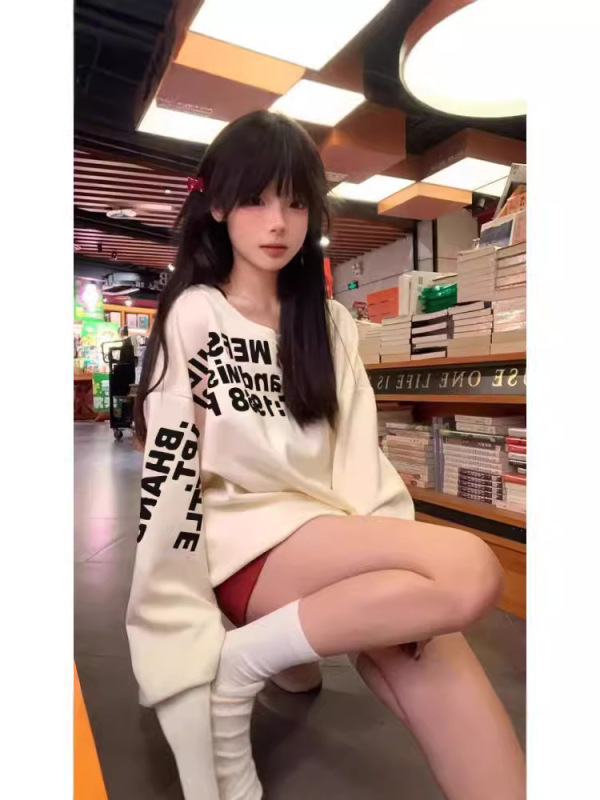 美式辣妹字母印花卫衣女秋冬新款宽松斜肩设计感长袖上衣|undefined