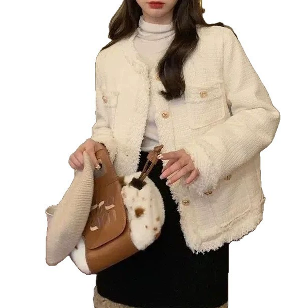 Осенняя куртка — для подростков, свободный крой, корейский и в стиле Chanel, твид, беж/чёрный S–L