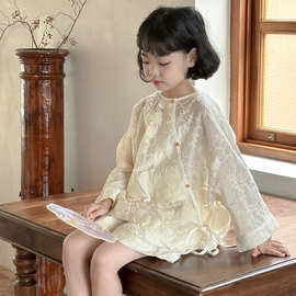 童套装2024夏款女童中国风透视花朵两件套儿童系带短裤套装末小蒙