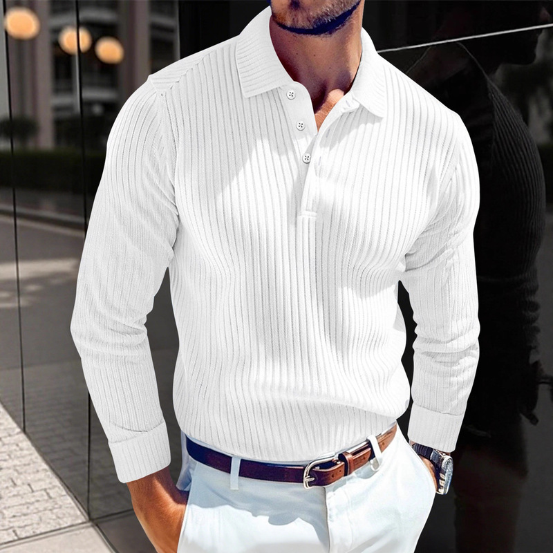 2025 Cross-Border New Amazon European and American Men's T-Shirt Knitted Lapel Business Button Slim Long-Sleeved Polo Shirt