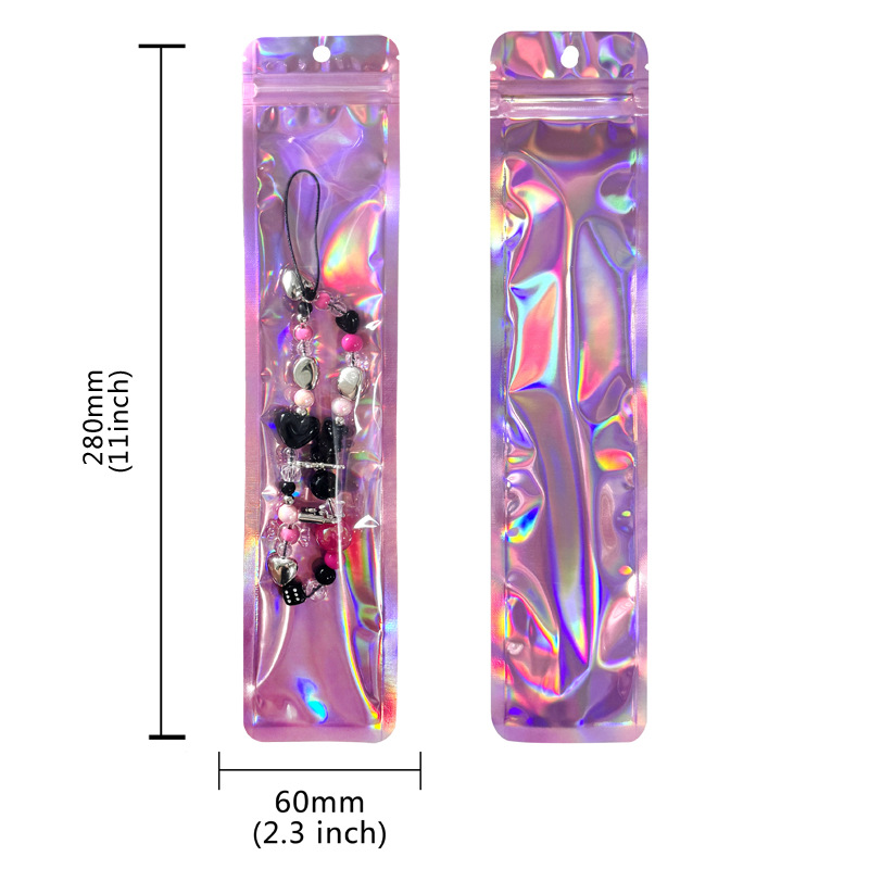 Bolso sellado de tira larga con orificio colgante, bolsa sellada hermética de yin y yang translúcida con láser grueso, cable de datos de joyería, bolsa de embalaje de cepillo de maquillaje