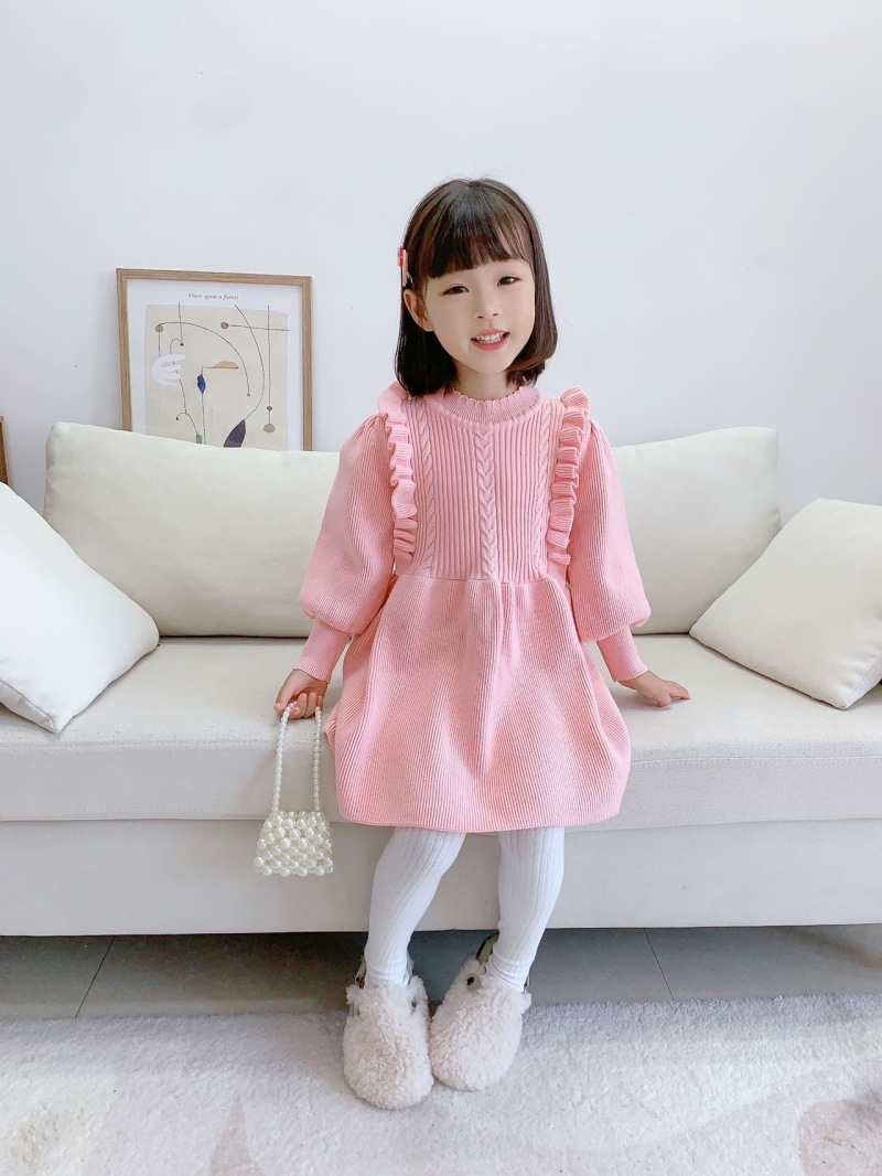 Girls Knitted Dress Autumn Winter Solid Colour Long Sleeve Style_voghion.com