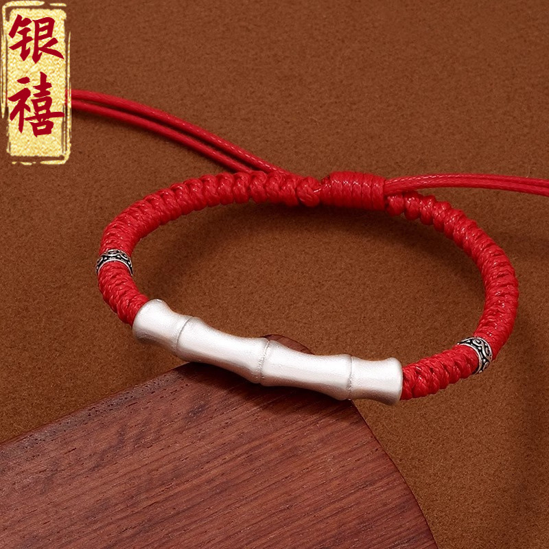 Sterling Silver 999 Bamboo Bracelet Men's High-end National Style Vintage Woven Hand Rope Silver Jewelry Good Luck Birthday Gift