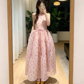 无袖露肩粉色碎花欧根纱系带背心连衣裙仙女宽松礼服裙蓬蓬长裙子