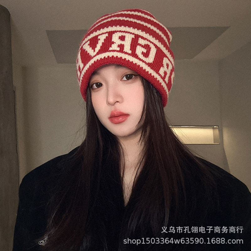 韩系ins大头围字母针织毛线帽女秋冬新款时尚潮流保暖套头冷帽男|undefined