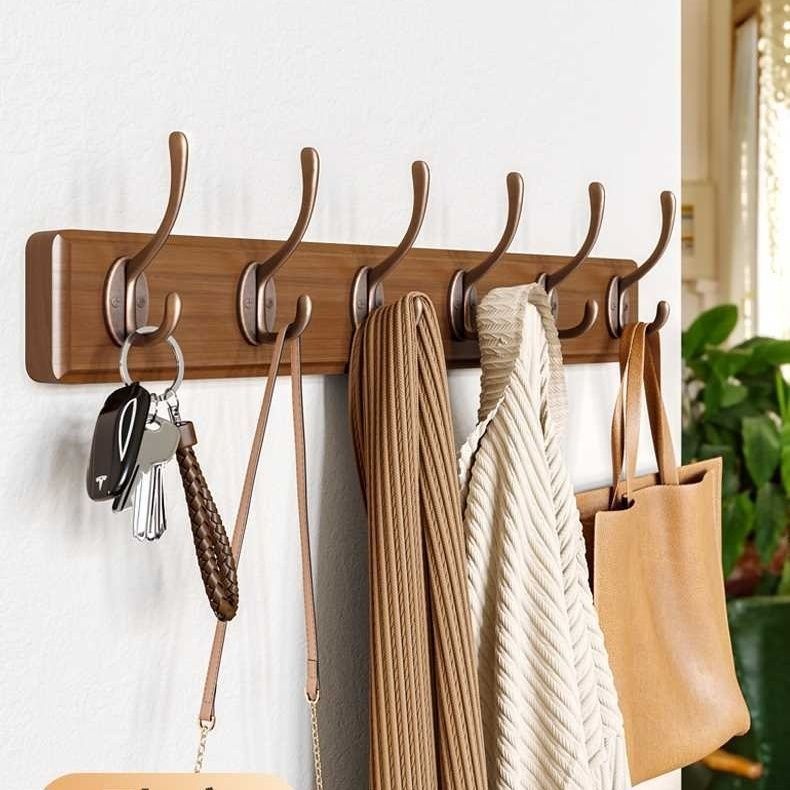Wall-Mounted Clothes Rack Hook for Hanging Clothes, Entryway Key Holder, No-Drill Solid Wood Wall-Mounted Clothes Rack Hook for Hanging Clothes, Entryway Key Holder, No-Drill Solid Wood