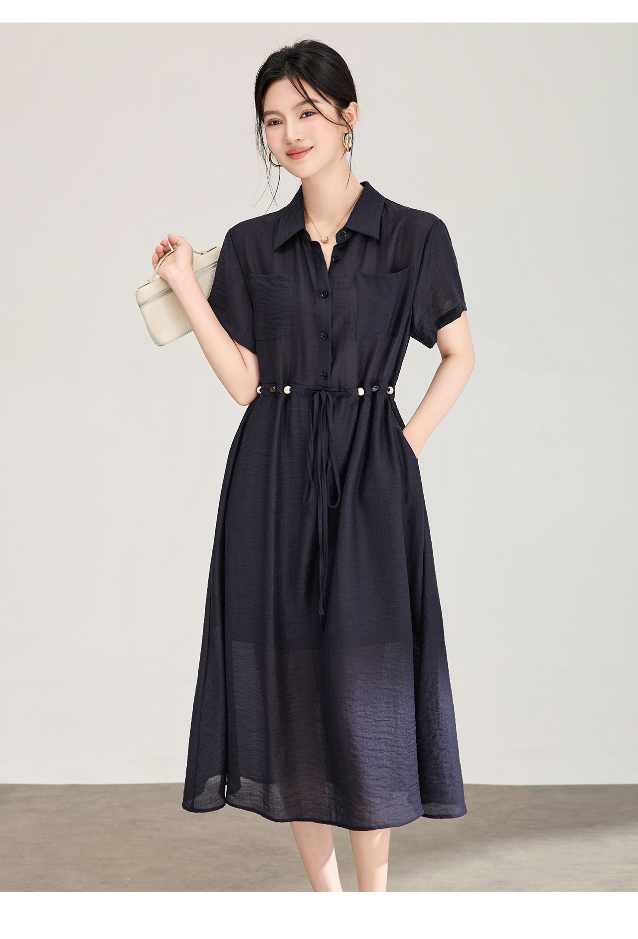 Đầm sơ mi nữ dáng suông chất liệu linen phối cườm nhẹ — màu xanh navy chi tiết 14
