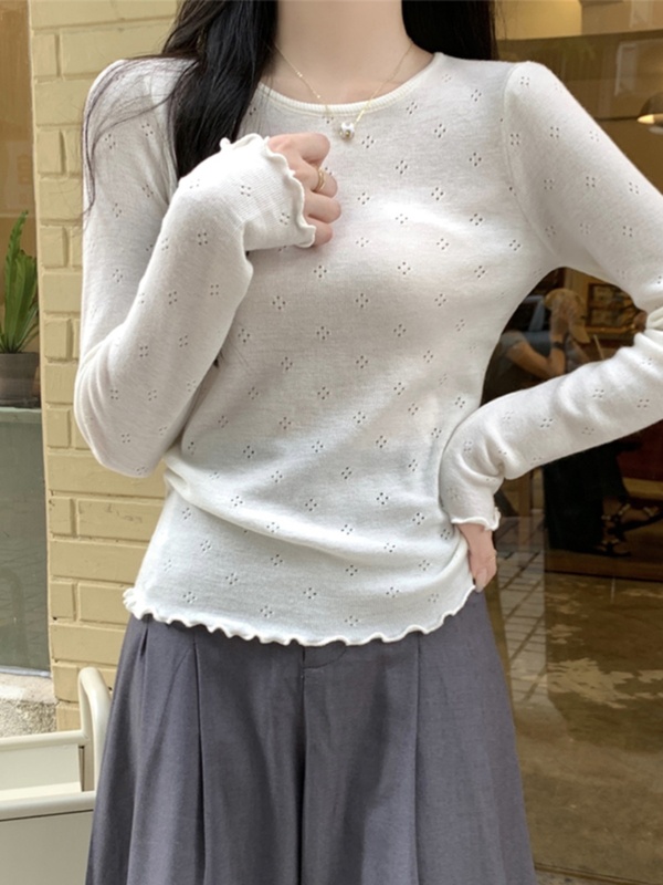 秋冬韩系温柔风圆领边长袖针织衫女复古甜美镂空毛衣打底上衣2025|undefined