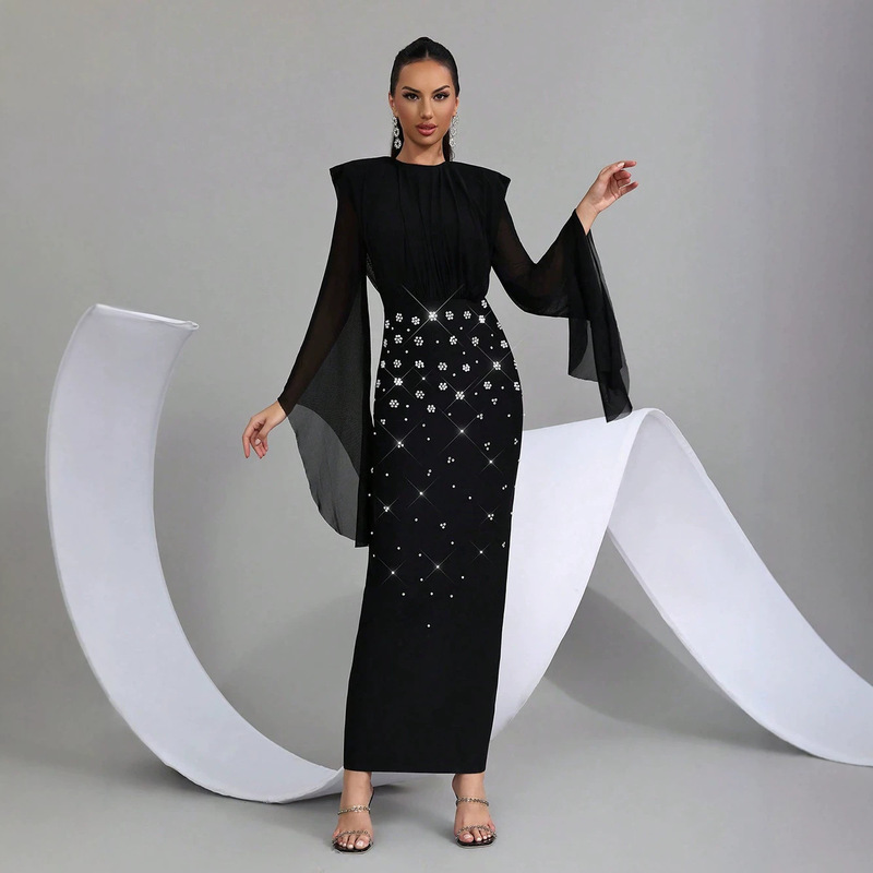 European and American Cross-Border Women's Fashion Elegant and Stylish Beaded Rhinestone Shoulder Pad Flared Sleeve Mesh Patchwork Bandage Dress Evening Gown European and American Cross-Border Women's Fashion Elegant and Stylish Beaded Rhinestone Shoulder Pad Flared Sleeve Mesh Patchwork Bandage Dress Evening Gown