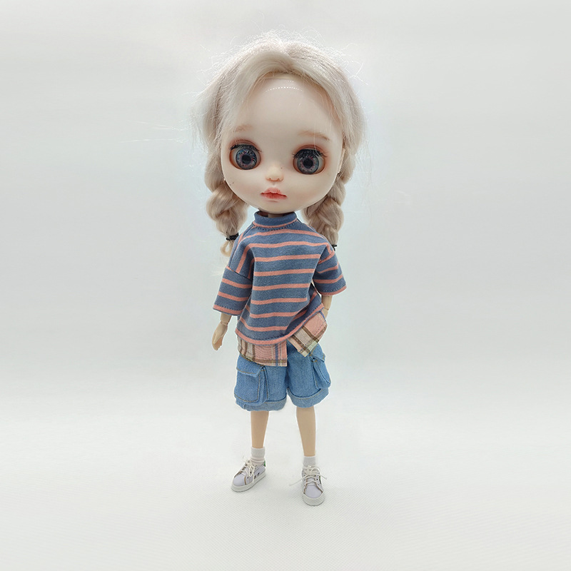 小布blythe子供服6分BJD人形ストライプ半袖ob24ステッチ上着可児関節人形服|undefined