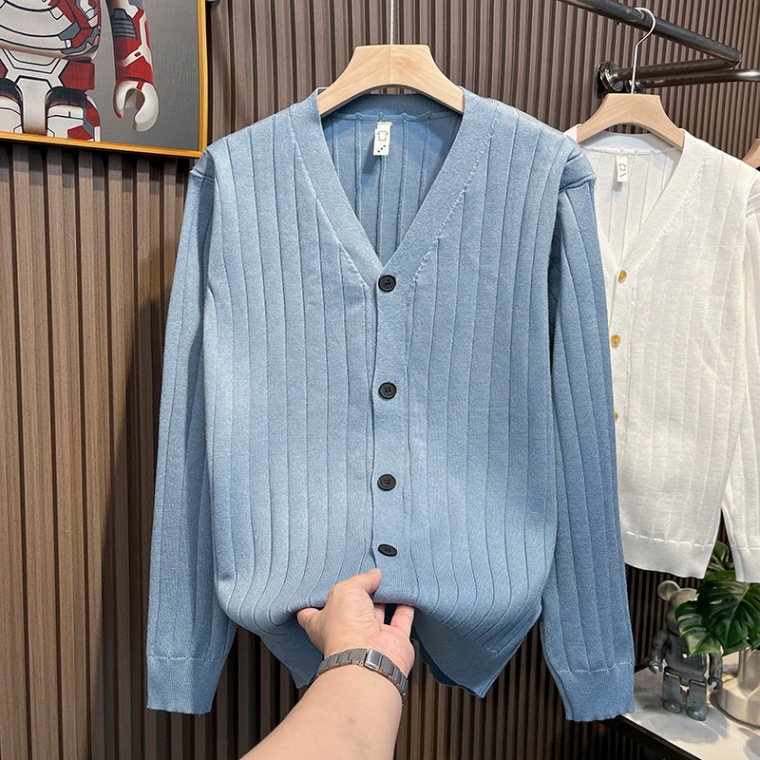Slim fit new cardigan button up men's knitted sweater long sleeved fashionable jacket simple striped V-neck sweater small jacket_voghion.com