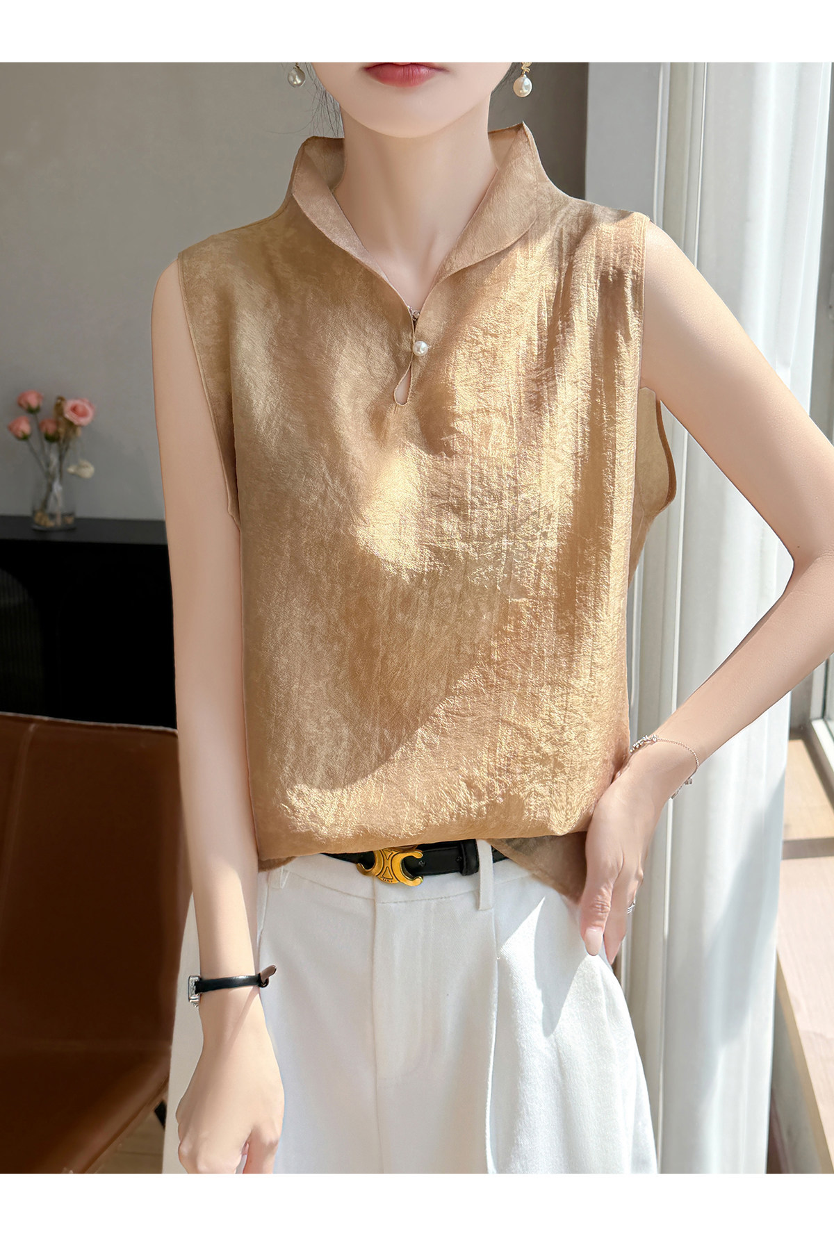 Áo sơ mi không tay cổ lật nữ chất tơ tằm phong cách quốc gia — Champagne màu chi tiết 16