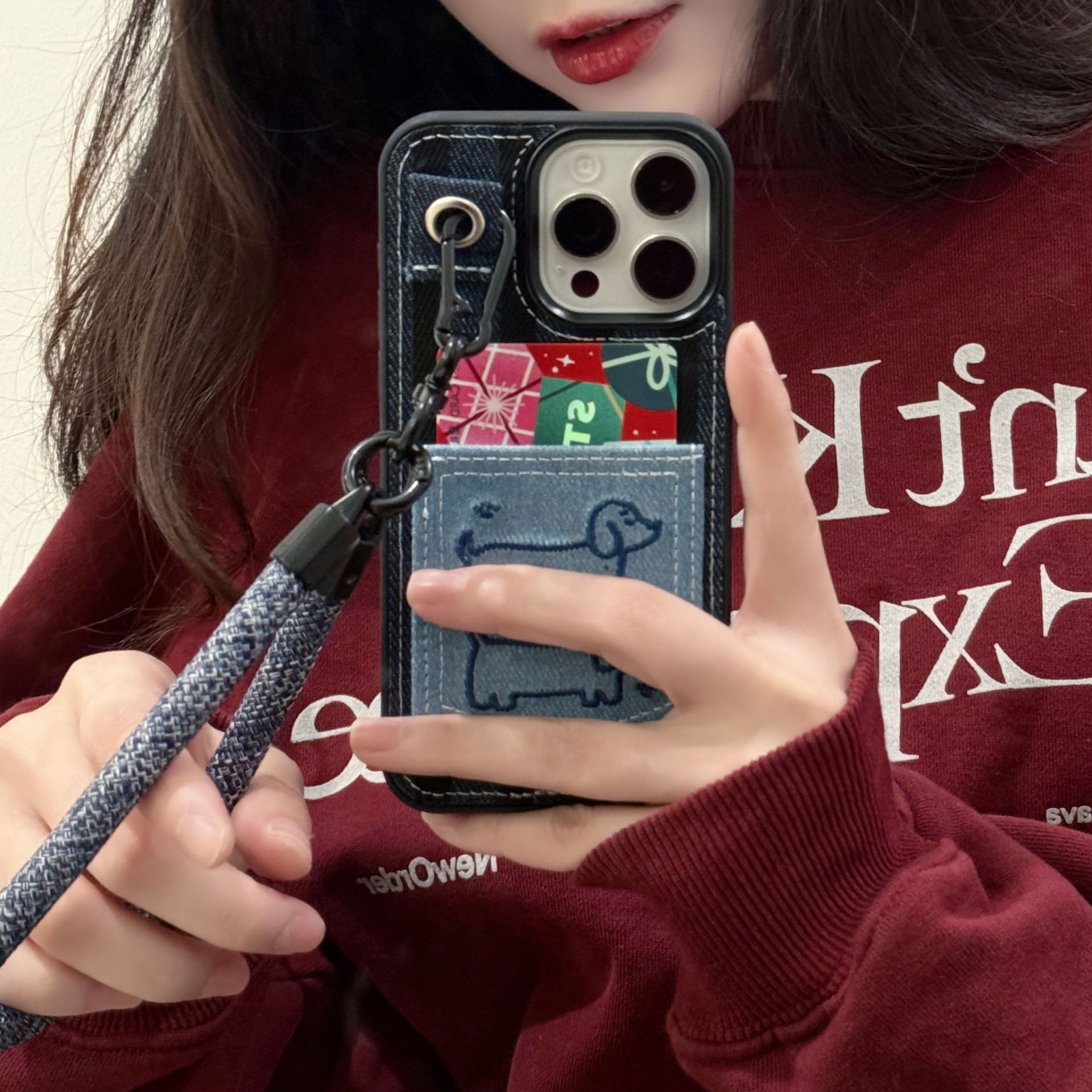 Estilo coreano denim azul bordado cachorro para iPhone16 Apple 15ProMax funda para teléfono móvil 16pro femenino 13/14