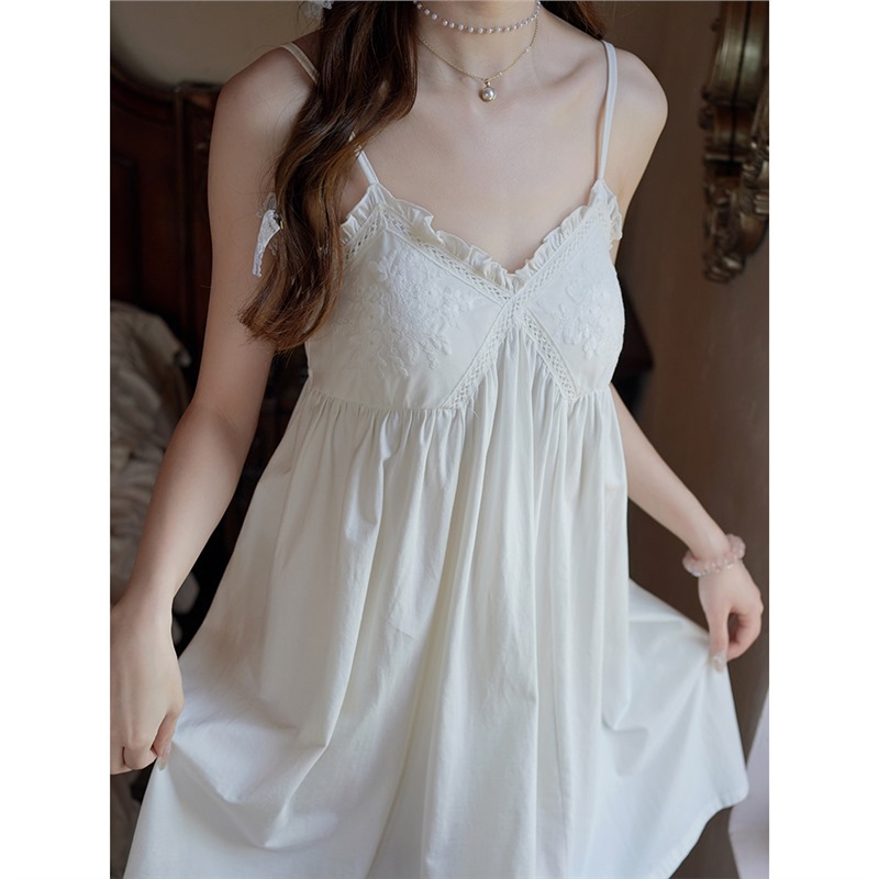 Pure Cotton White Dress with Suspenders and Breast Pads for Women, 2026 New Summer Sexy Nightgown, Pure Desire Palace Princess Style
