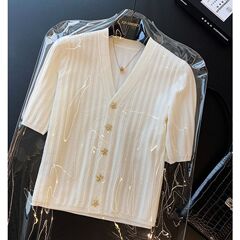 海星扣小香风V领短袖白色冰丝针织开衫女夏薄短款法式上衣T恤小衫