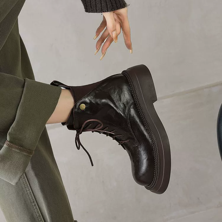 Британские сапоги Martin с толстой подошвы женские кожаные тощие сапоги 2024 новые осенние и зимние толстые сапоги на каблуках на среднем каблуке