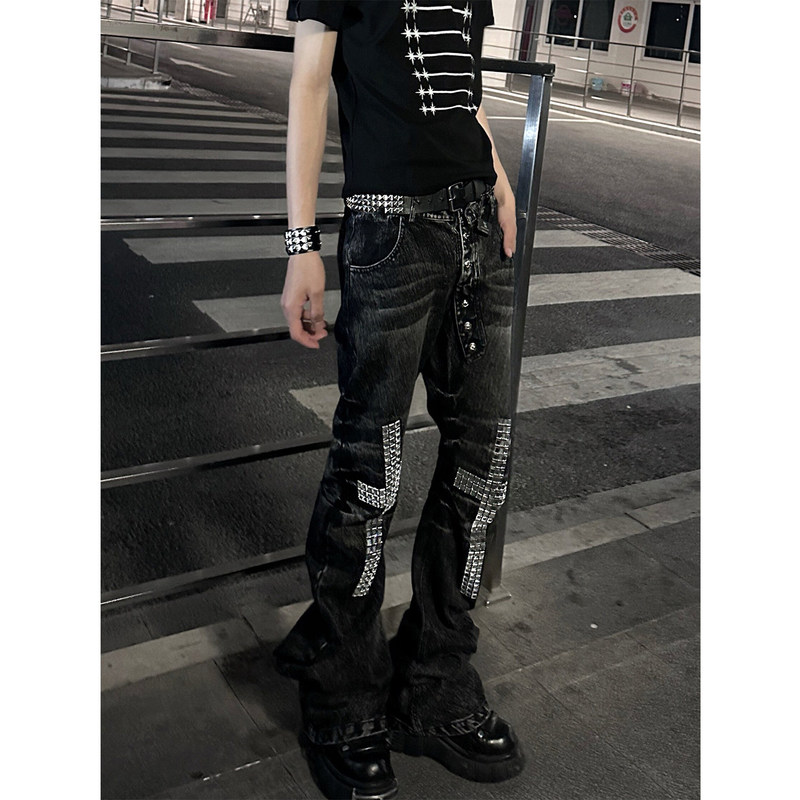 Rock-Style Cross-Pattern Rhinestone Jeans for Men, American High Street Vibe, Buttoned Design, Slim Fit, Stacked Straight-Leg Pants Rock-Style Cross-Pattern Rhinestone Jeans for Men, American High Street Vibe, Buttoned Design, Slim Fit, Stacked Straight-Leg Pants