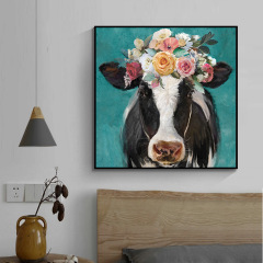 外貿跨境新款奶牛花朵創意客廳玄關走廊掛畫裝飾帆布畫芯加內框