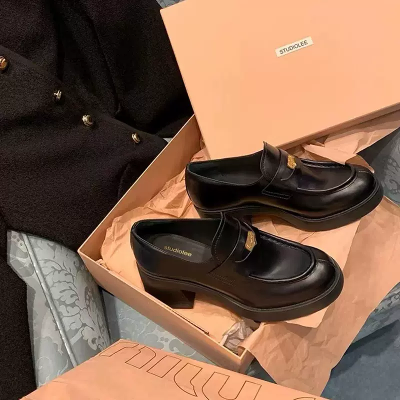 现货秒发！复古圆头小金币增高粗跟厚底英伦风乐福鞋小皮鞋女单鞋