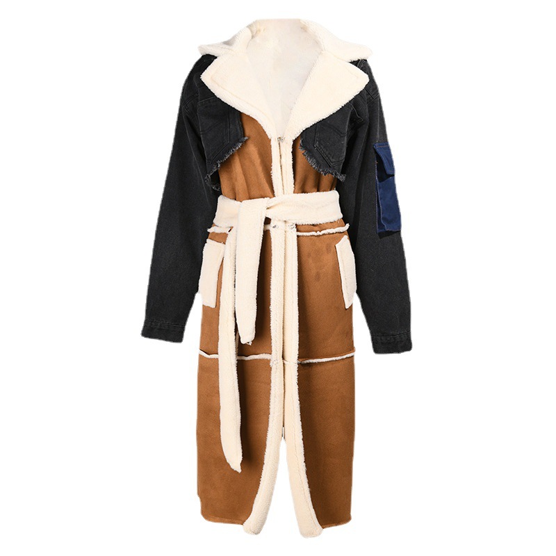 Women's Clothing trendy brand new velvet denim patchwork jacket winter wear lamb wool lining large lapel long thick cotton coat_voghion.com