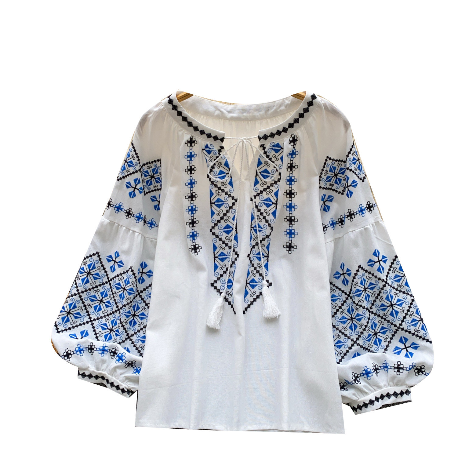 Women's Ethnic Style Embroidered Shirt Summer Long Sleeve Loose Fitting Tassel Tie Lantern Sleeve Heavy Duty Design Top For Commuting_ecoleips.com