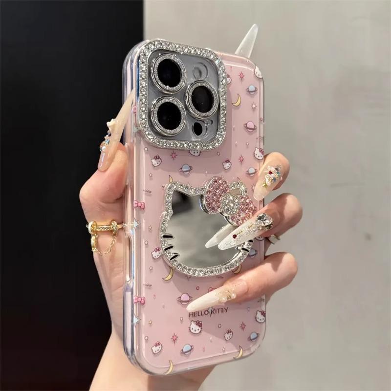 镶钻kitty猫镜子适用苹果16promax手机壳新款iPhone15Pro高级14pl|undefined