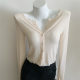 New lotus pink girl pink cashmere-like pit wooden ear slim cardigan (three colors)