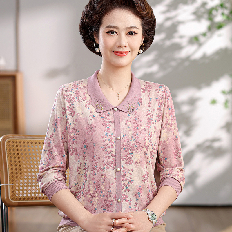Trendy Spring Long-Sleeve T-Shirt for Moms, Loose Fit Top for 50-60 Year Old Middle-Aged and Elderly Women, Spring and Autumn Collared Printed Blouse Trendy Spring Long-Sleeve T-Shirt for Moms, Loose Fit Top for 50-60 Year Old Middle-Aged and Elderly Women, Spring and Autumn Collared Printed Blouse