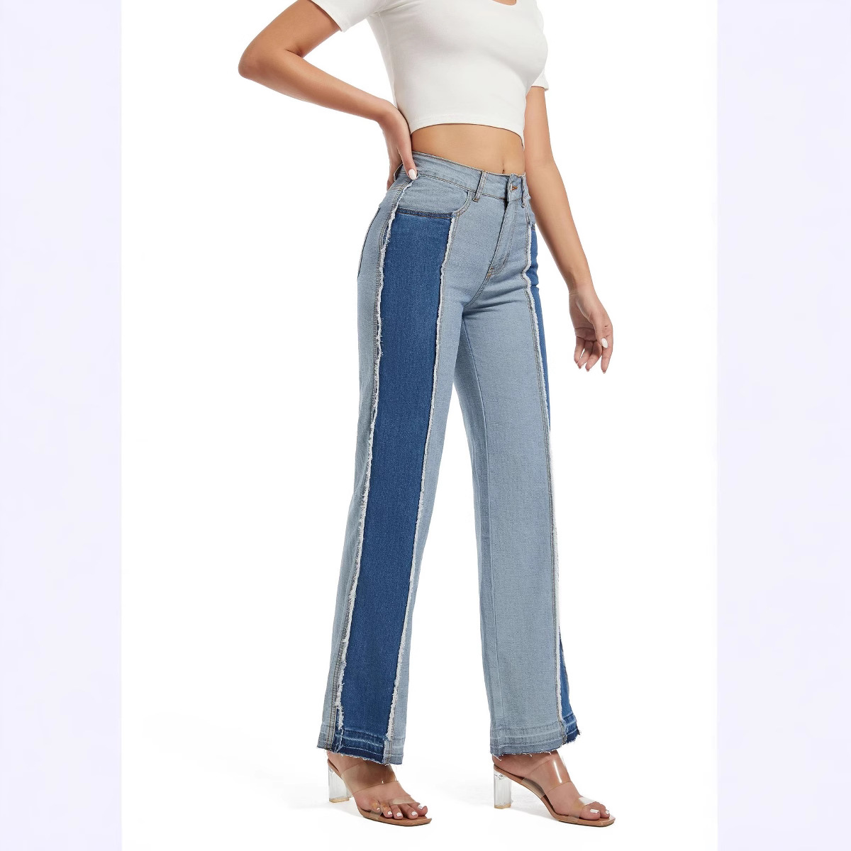 Nuevos jeans de mujer 2026 de cintura alta, con bloques de color y dobladillos deshilachados, de pierna recta, estilo europeo y americano, ajuste ceñido, elásticos, versátiles, en stock.