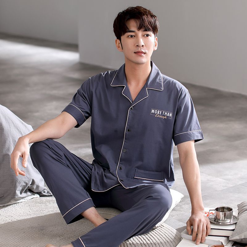 Pijamas pantalones de manga corta para hombres algodón verano delgado cardigan solapa ropa para el hogar más traje de tamaño