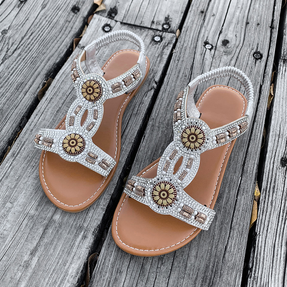 Bohemian 2024 Sommer Neue Perlen Wasser Diamant Bull Muscle Sohle Anti rutsch Schwangere frauen Schuhe Strand Sandalen_voghion.com