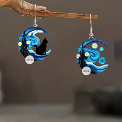 クロスボーダー热い贩売ゴッホ星空パターン2dアクリルイヤリング文芸気质ファッション非対称イヤリング