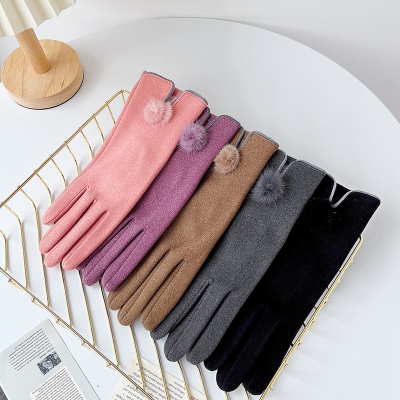 New Style Fur Ball Velvet Gloves for Women Winter Plus Velvet Finger Gloves Electric Vehicle Outdoor Sports Ski Warm Gloves