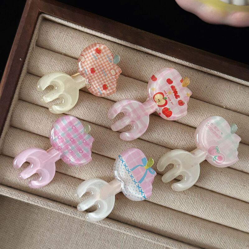 Ice Transparent Plaid Apple Fork Hairpin Cartoon Sweet Style High-Looking Girly Style Duckbill Hairpin Hairpin Hair Accessories Wholesale