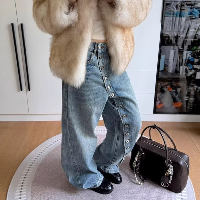 Cross-Border Foreign Trade Washed Denim Jeans with Diagonal Placket and Buttons for Women, Spring Season, Loose Fit, Slimming, Drapey, Jazz Dance Scimitar Pants