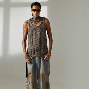 European and American Fashion Personality Slim-fit Sexy Hollow Sleeveless Vest Men's Hip-hop Cuba Distressed Waistcoat Fashion Brand Retro