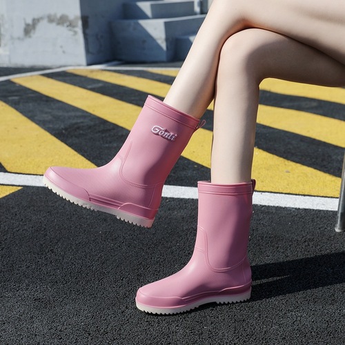 Women's Fashion Solid Color Simple Mid-Calf Rain Boots Waterproof Anti-Slip Wear-Resistant Outdoor Kitchen Work Water Shoes Wholesale