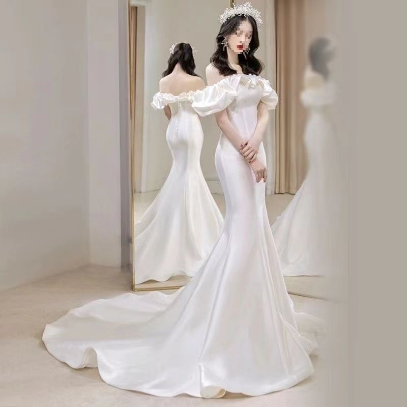 French-Style Mermaid Wedding Dress, New Bridal Main Gown with Satin Texture, Off-Shoulder Puff Sleeves, and a White Train