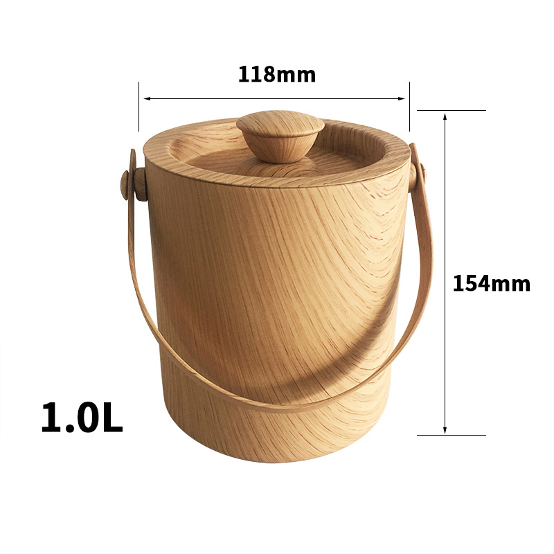 Fábrica al por mayor de acero inoxidable cubo de hielo de grano de madera con tapa de doble capa de barril aislado 1.0L cerveza cubo de hielo bar hotel suministros