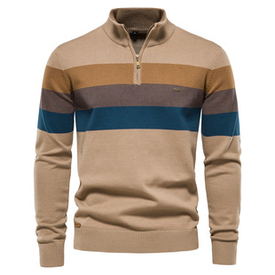 Fashion cross-border foreign trade autumn and winter men's half-zipper men's sweater pullover striped stitching sweater
