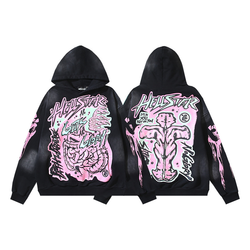 Hellstar ヨーロッパとアメリカのトレンディなブランド、ハイストリート、レトロ、ウォッシュド、ダメージ加工、プリント、ストリート、ルーズフィットのパーカー、男性用と女性用のスウェットシャツ|undefined