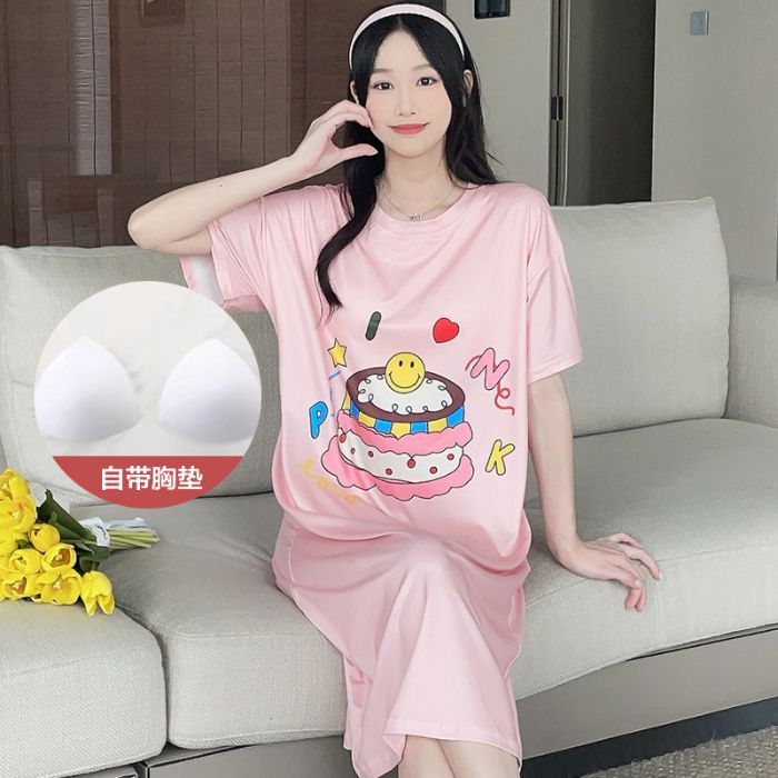 Venta al por mayor transfronteriza verano nuevo pijama mujer leche cinta cojín en el pecho puede dormir desnudo estampado de dibujos animados gran tamaño camisón de manga corta
