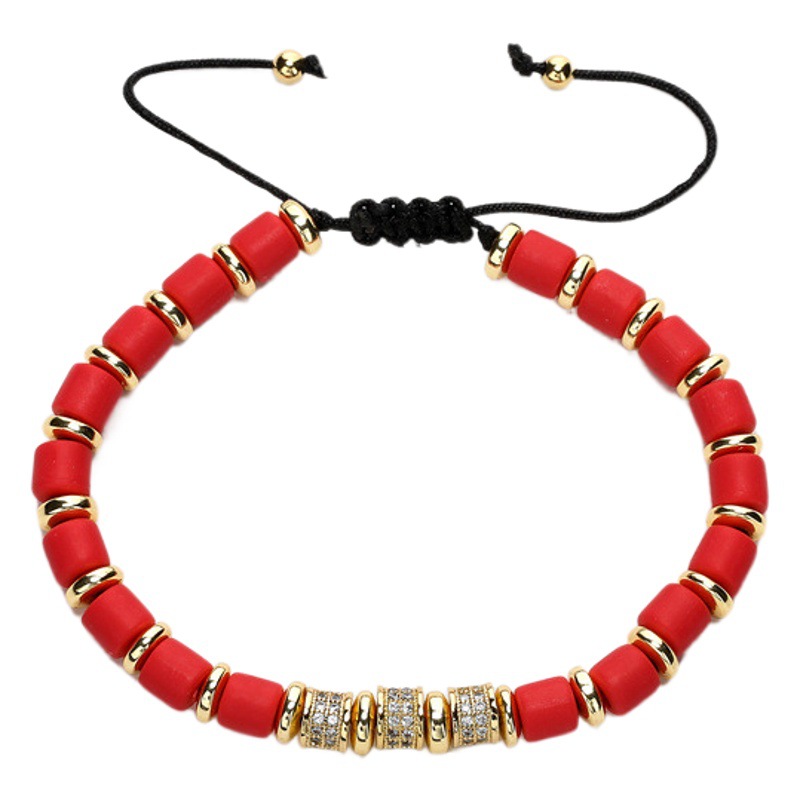 Pulsera tejida con cuentas en forma de columna de yuanes de piedra negra transfronteriza negra europea y americana para hombres y mujeres joyas de cobre con micro incrustaciones de mano redonda de tres cortes