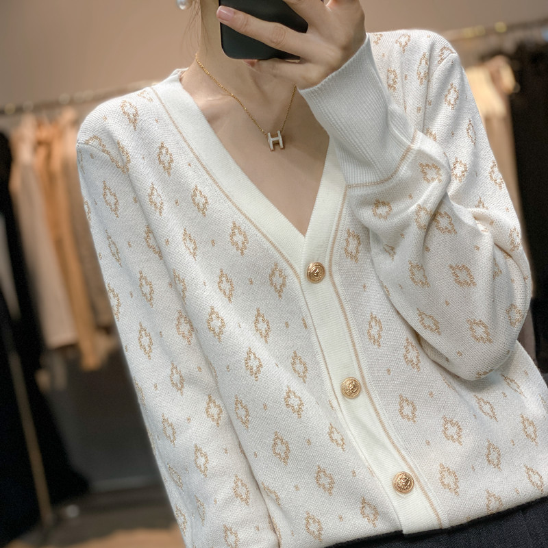 Imitation Wool V-Neck Diamond-Patterned Gold-Thread Long-Sleeve Knit Cardigan Top Autumn New Versatile Women's Sweater