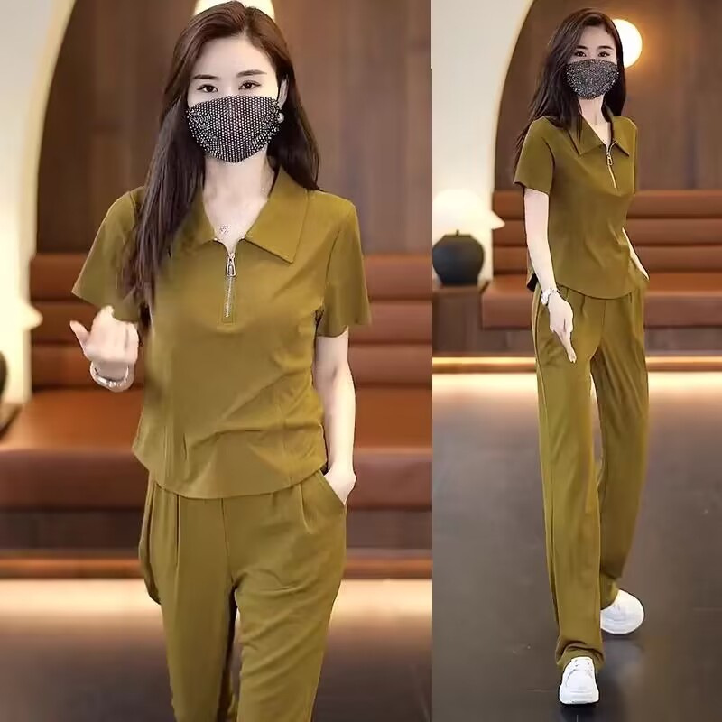 국경 간 패션 스포츠웨어 세트 여성의 2024 여름 새로운 서양식 시대 감소 캐주얼 패셔너블 와이드 레그 바지 투피스 세트