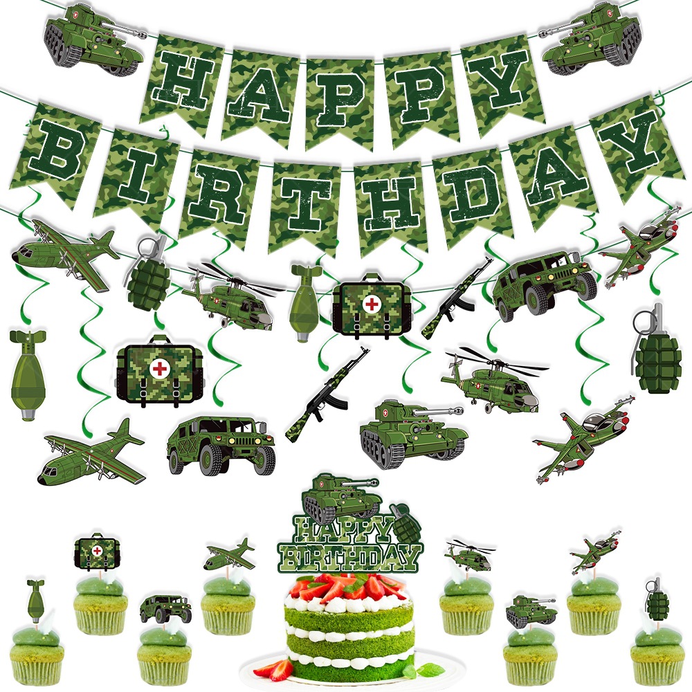 Nuevo tema militar cumpleaños decoración cumpleaños tire bandera camuflaje tire bandera espiral colgante pastel Tarjeta de inserción
