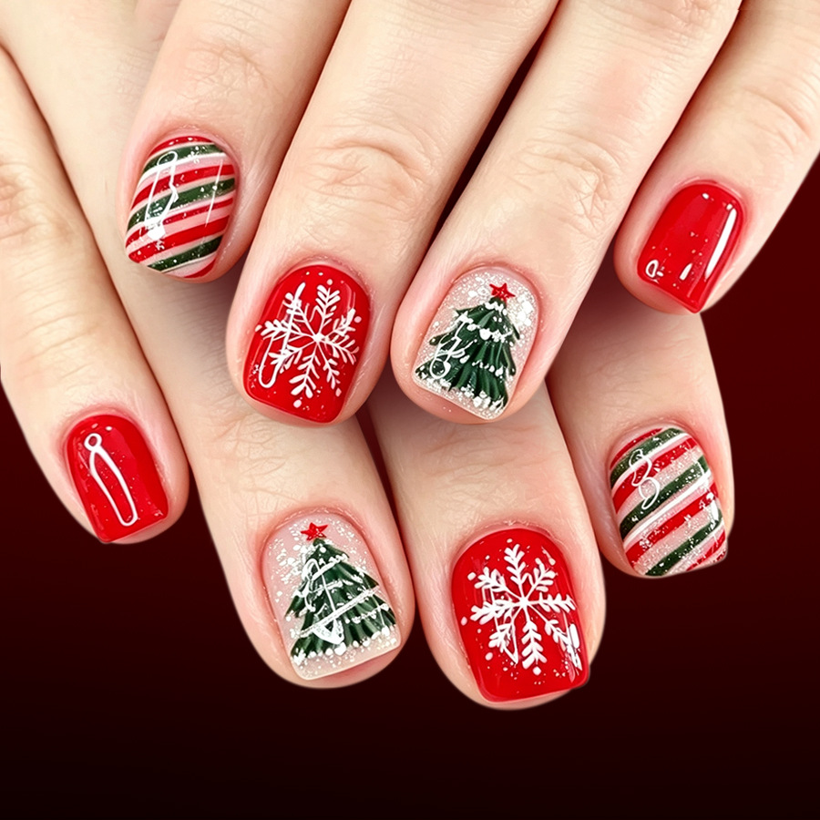 Short, shiny square nails with red, green, and white stripes, snowflakes, and Christmas tree glitter designs for Christmas, 24 pieces